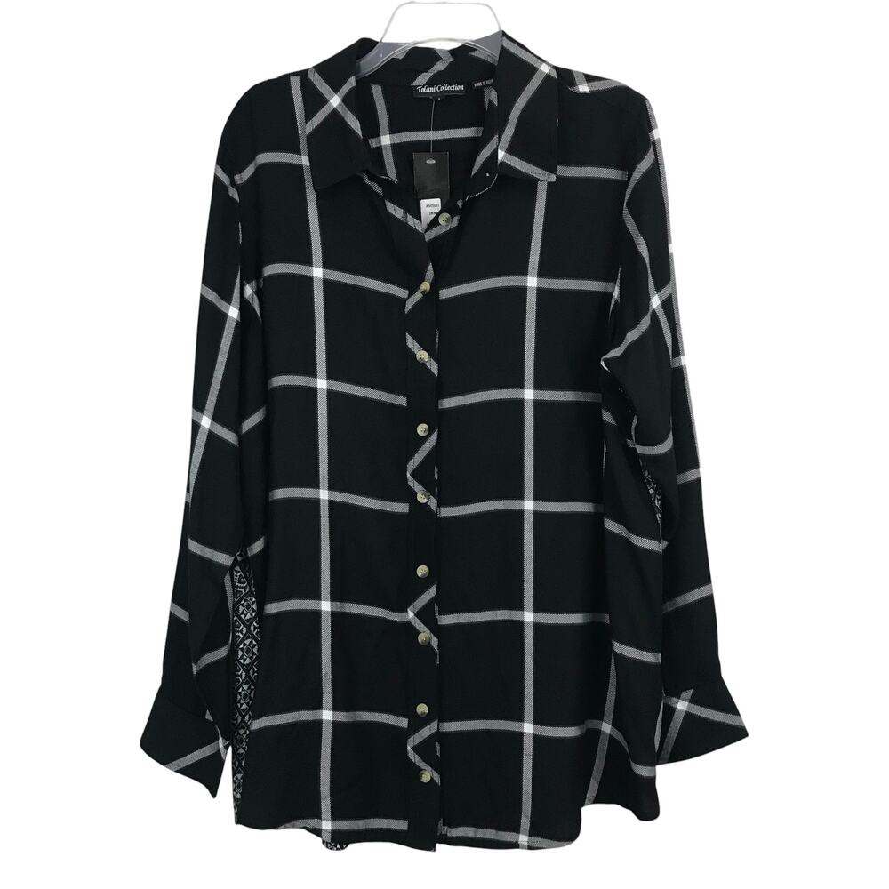 NEW Tolani Emma Plaid Flannel Shirt Printed Back Black Size L